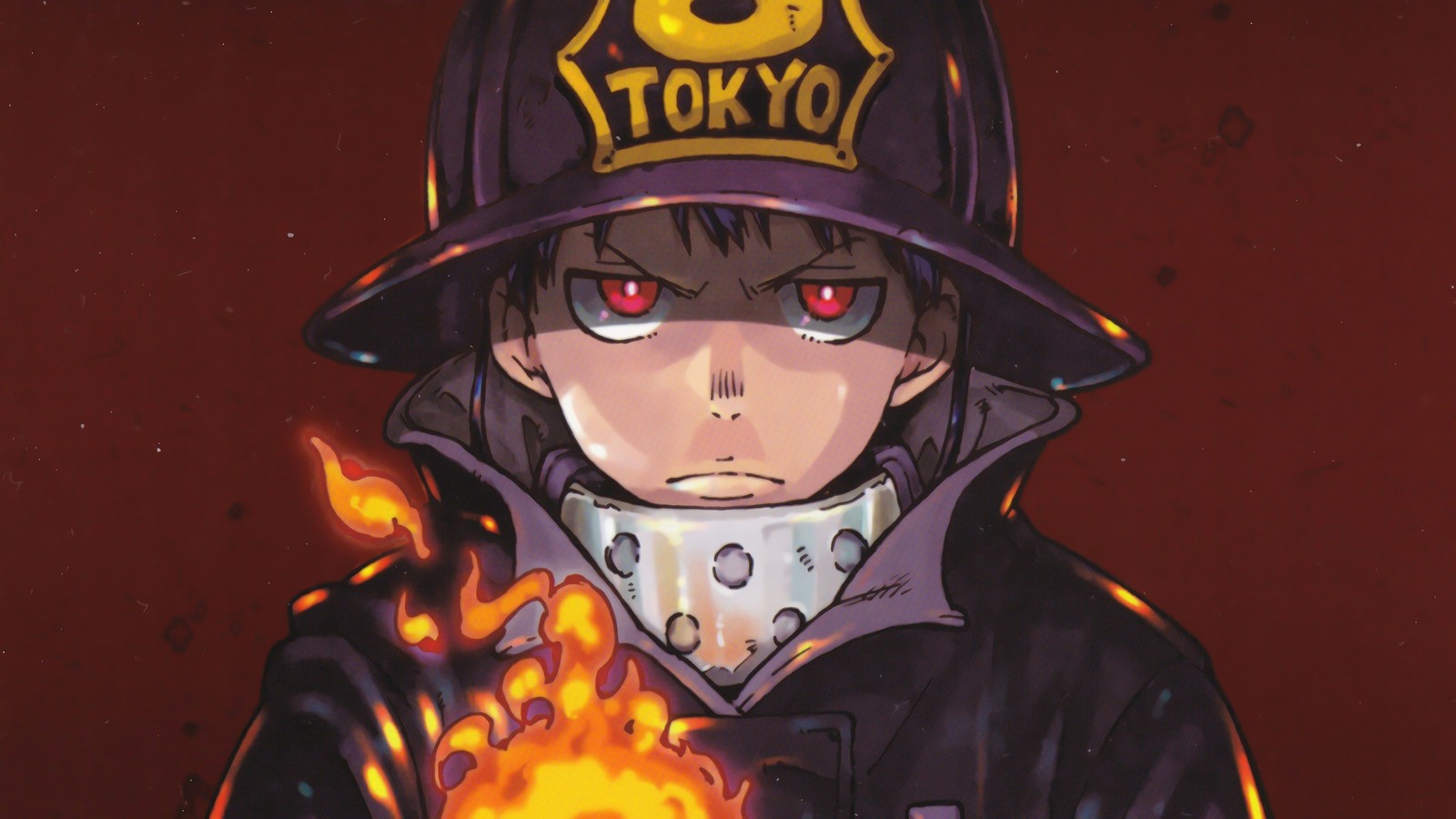 Personaje de anime con fuego en la mano y sombrero en la cabeza (fire force, anime, enen no shouboutai, shinra kusakabe, llama)