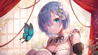 Rem de Re:Zero, cercada por borboletas em um cenário de sonho