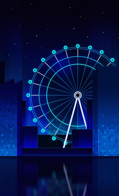 Grande roue néon contre un ciel bleu Majorelle dans une esthétique vaporwave