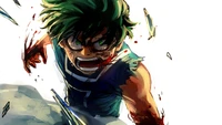 Izuku Midoriya en una feroz batalla, mostrando determinación y resiliencia en medio del caos.