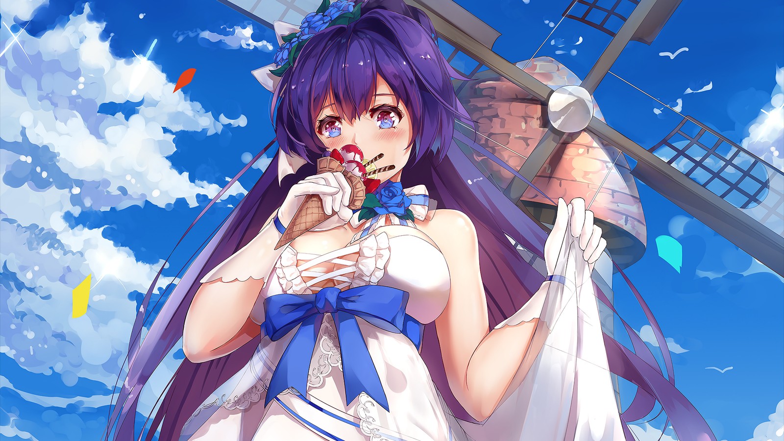 Fille anime avec des cheveux violets et une robe bleue tenant une fleur (filles danime, anime, beau, cheveux violets, raiden mei)