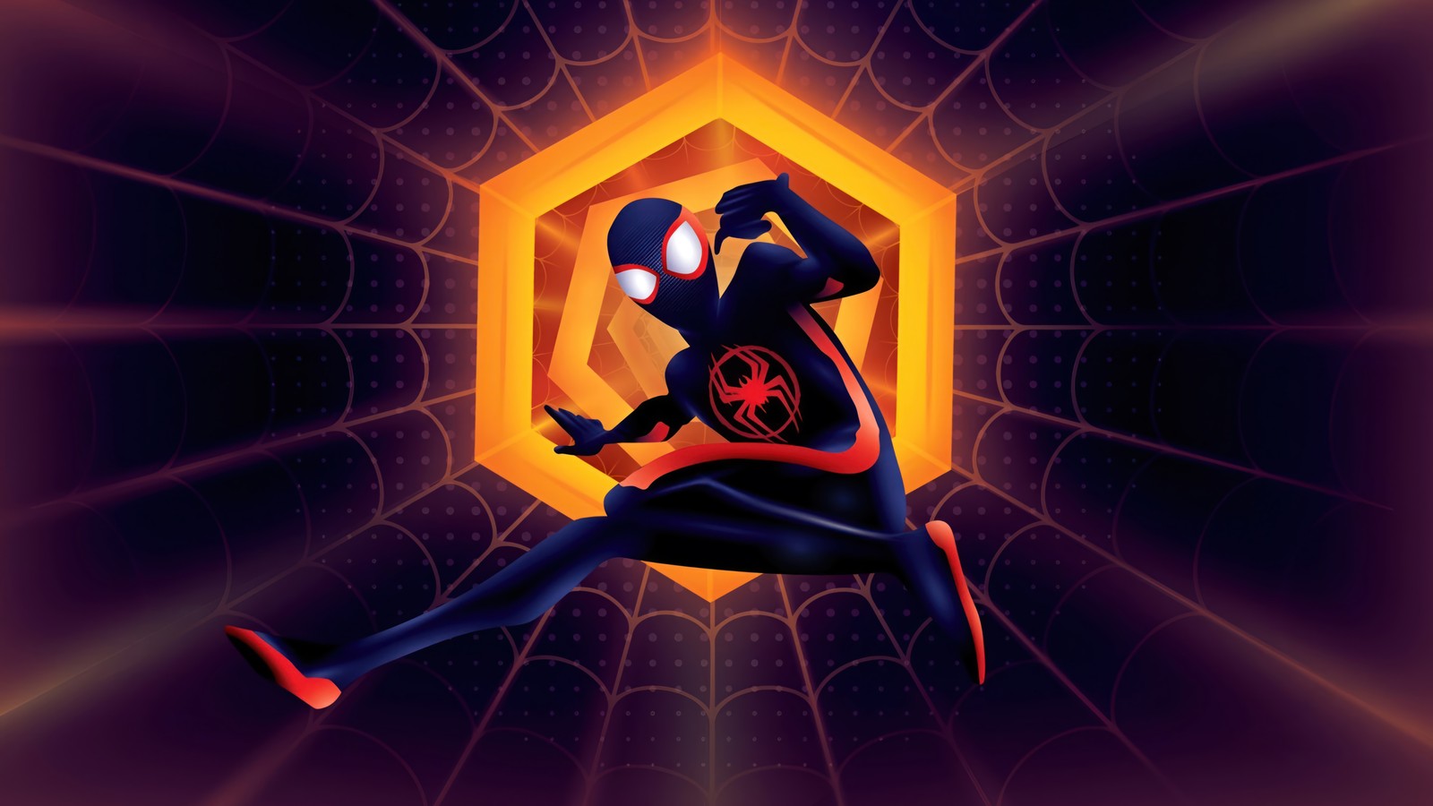 Spider-man en costume noir avec une lumière jaune brillants de ses yeux (spider man à travers le spider verse, spider man across the spider verse, film, spiderman, marvel)