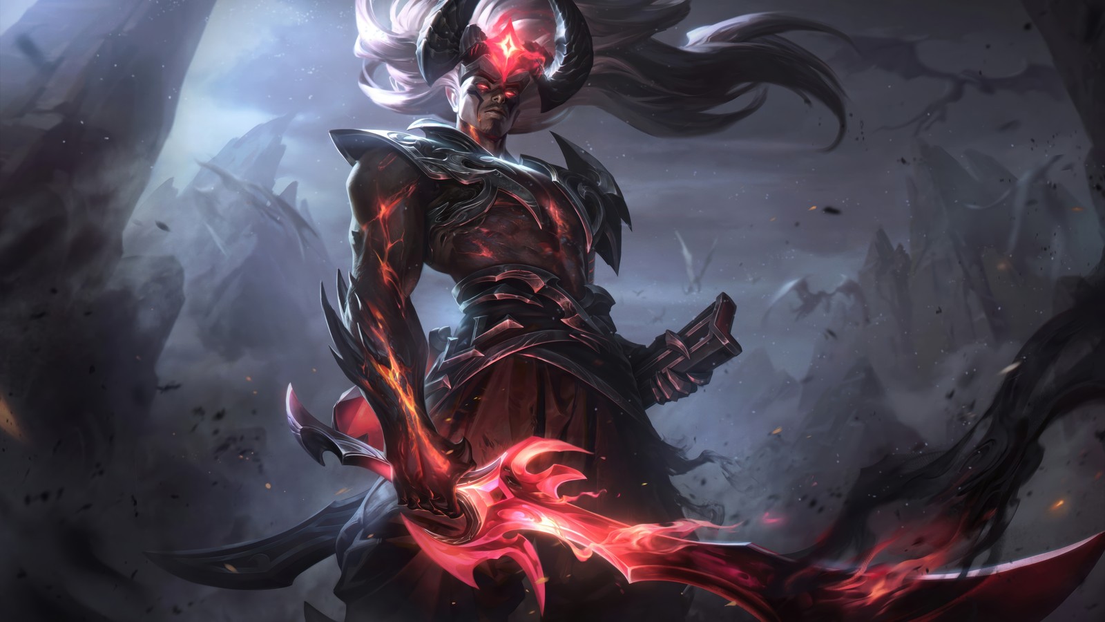 Una mujer con una espada en la mano y una luz roja en su cara (génesis, nightbringer, yasuo, league of legends, videojuego)