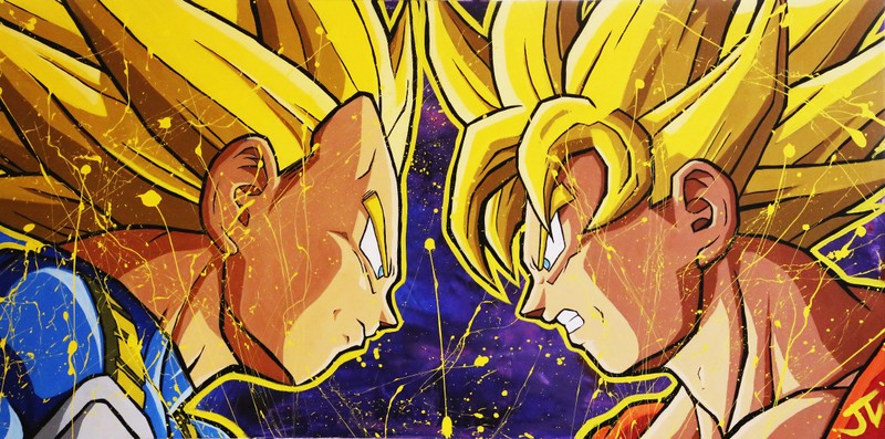 Драгонболл гоку и гохан сражаются на картине (вегета, vegeta, goku, драконий жемчуг, dragon ball)