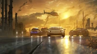 High-Octane Chase at Sunrise: Iconic Sports Cars and Helicopter in an Urban Landscape