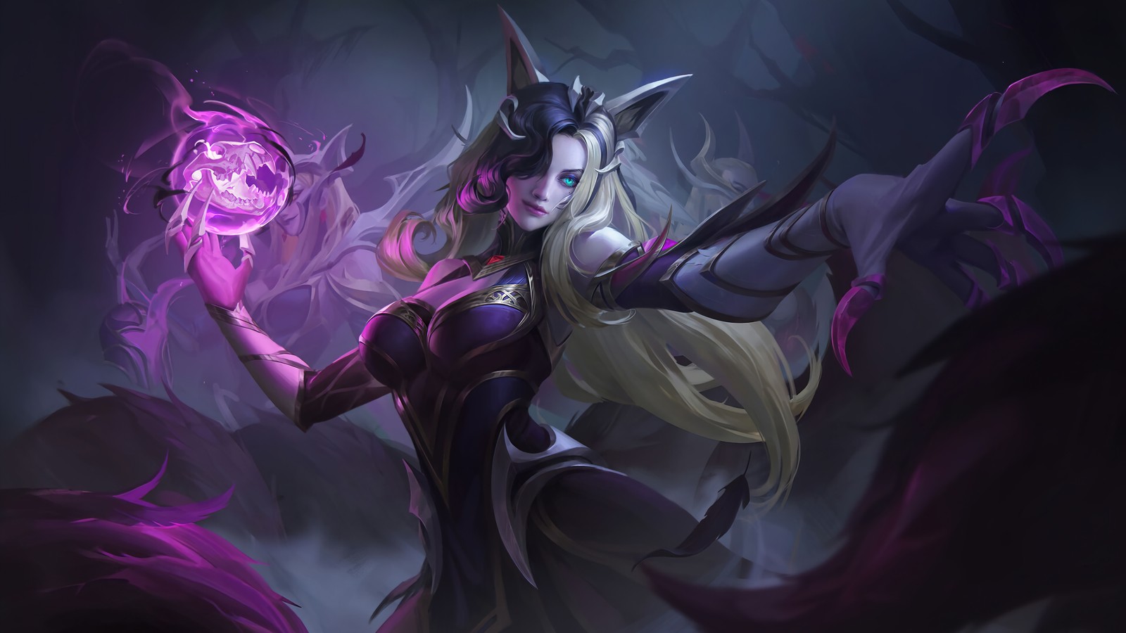 Une femme avec une lumière violette dans la main tenant une boule lumineuse (coven, ahri, lol, league of legends, jeu vidéo)