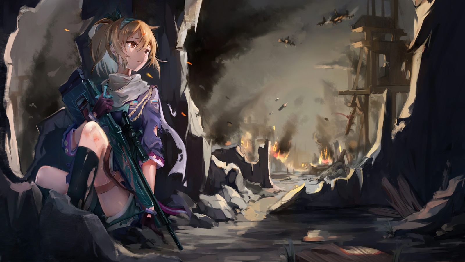 Fille d'anime avec une arme dans une grotte sombre (anime, girls frontline, jeu vidéo, sv 98, tireur délite)