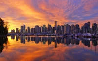 Horizonte de Vancouver ao amanhecer: um impressionante reflexo da metrópole em águas tranquilas.