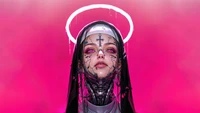 Freira cyberpunk com halo e características futuristas