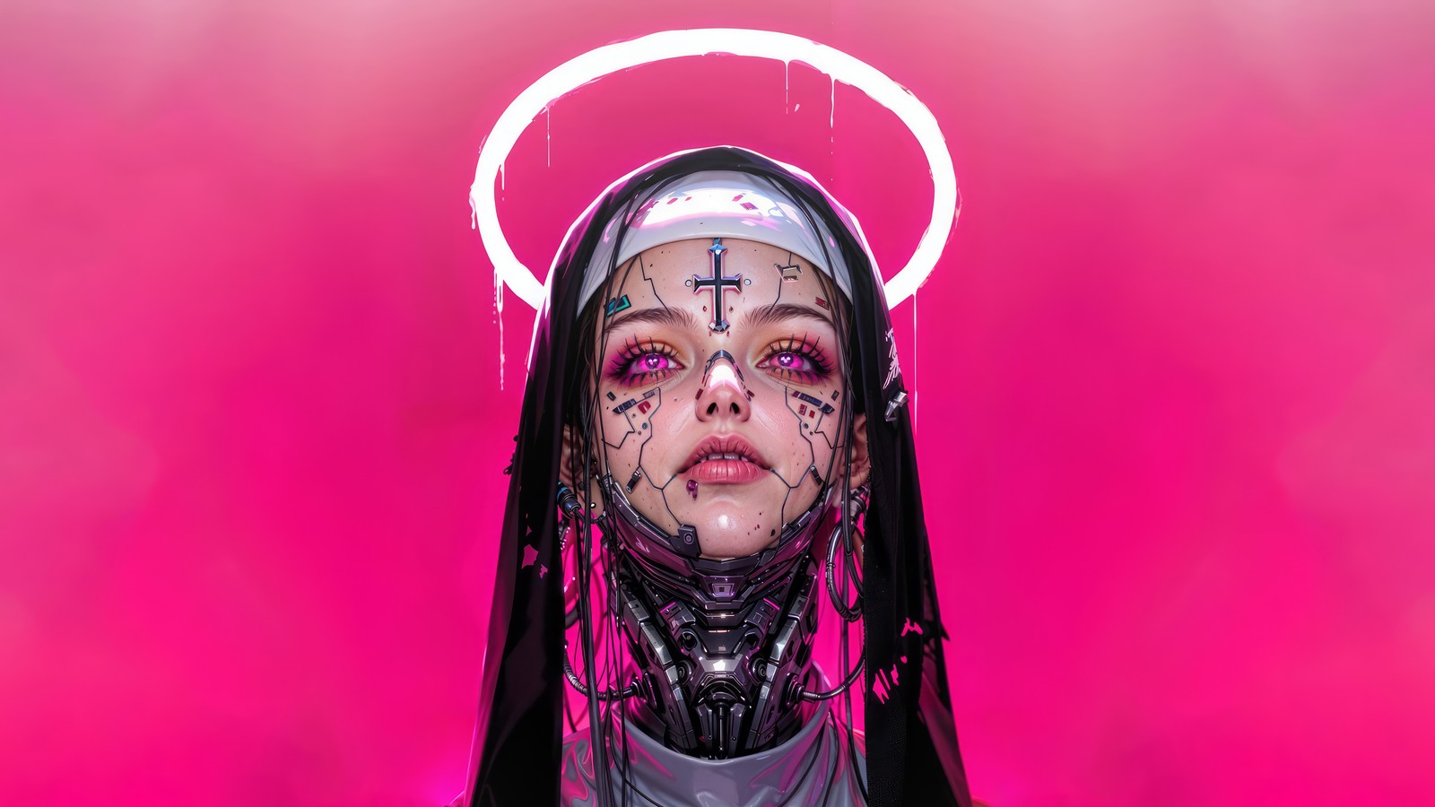 anime girls, cyberpunk, nun, halo, sci fi wallpaper