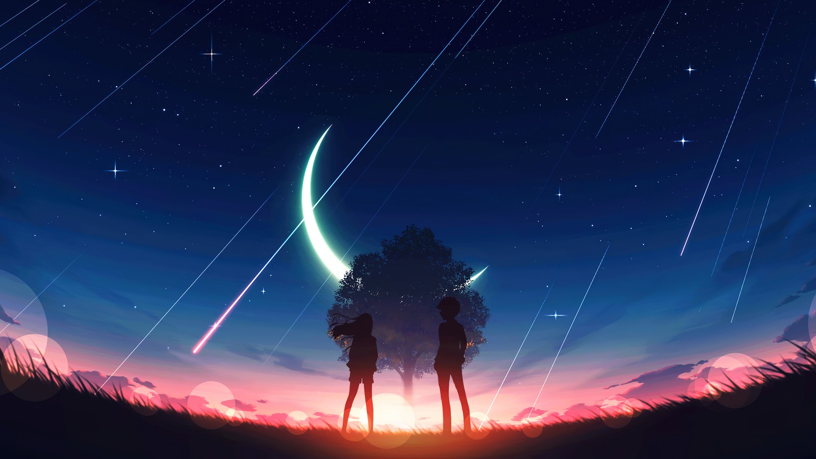 anime, sunset, scenery, couple, silhouette wallpaper