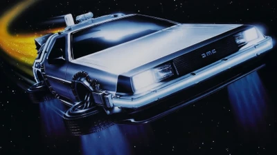 DMC DeLorean voador de De Volta para o Futuro em um fundo estrelado