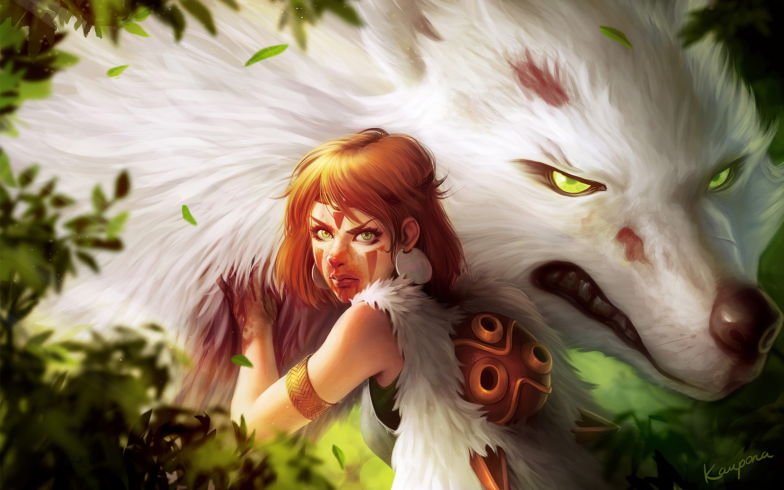 Menina de anime com um lobo branco e olhos verdes (cabeça, ilustração, mitologia, planta, arte)