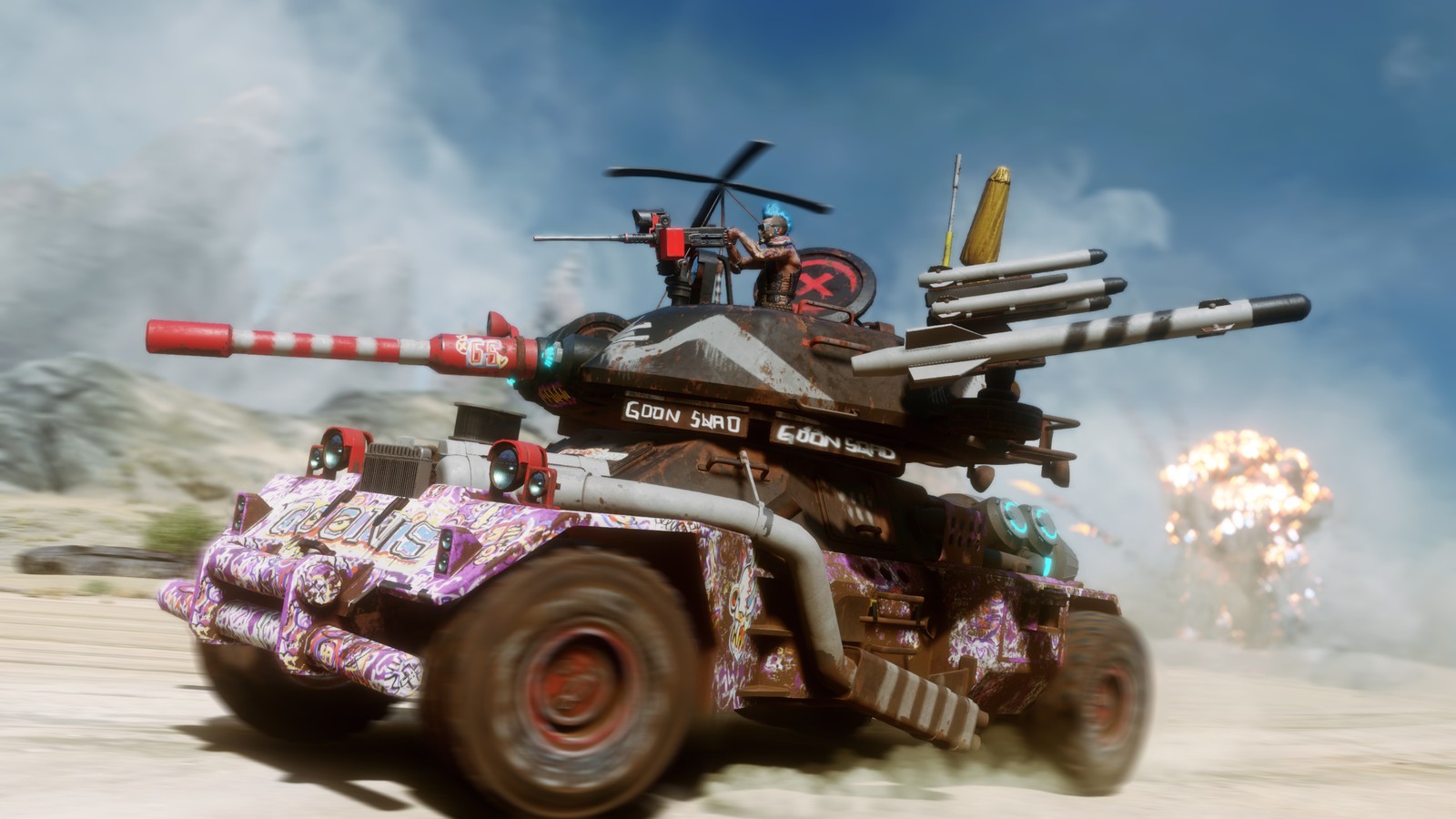 Arafed vehicle with a large gun on top of it driving through a desert (open world, bethesda softworks, xbox one, tank, armored car)