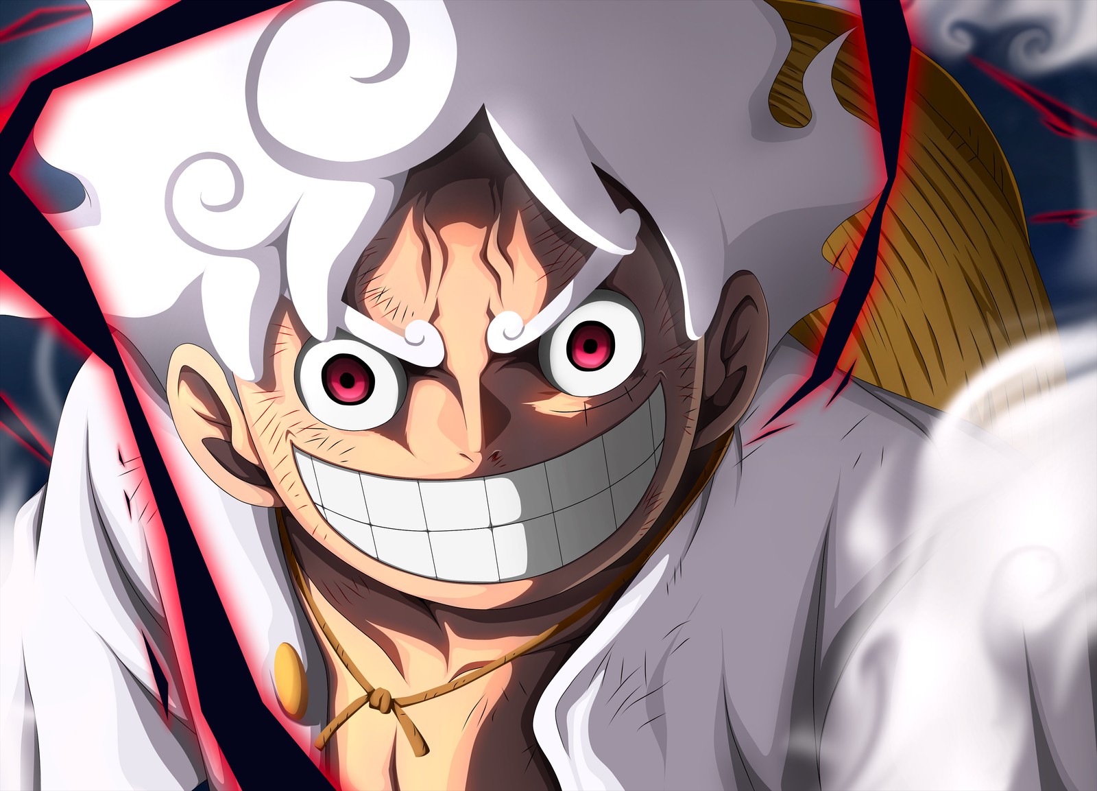 Personaje de anime con una gran sonrisa en su rostro (one piece, equipo 5, luffy, dios del sol nika, anime)