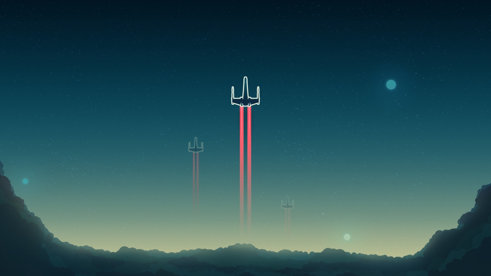 A view of a space station with two rockets flying through the sky (x, wing, starfighter, star wars, minimalist)