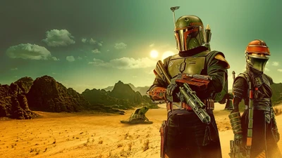 Boba Fett e Fennec Shand em uma paisagem desértica de "O Livro de Boba Fett