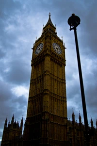 Big Ben: Ikonischer Uhrturm des Palace of Westminster vor einem dramatischen Himmel