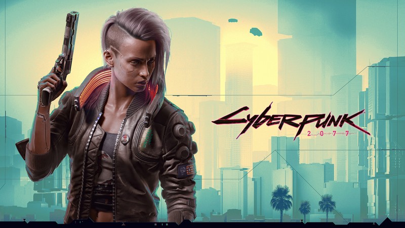 Женщина с оружием перед городом (cyberpunk 2077, видеоигра, женский, v)