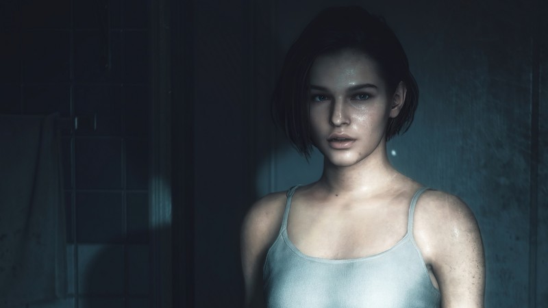 Женщина в белой блузке стоит в темной комнате (джилл валентайн, jill valentine, resident evil 3 remake, re3, видеоигра)