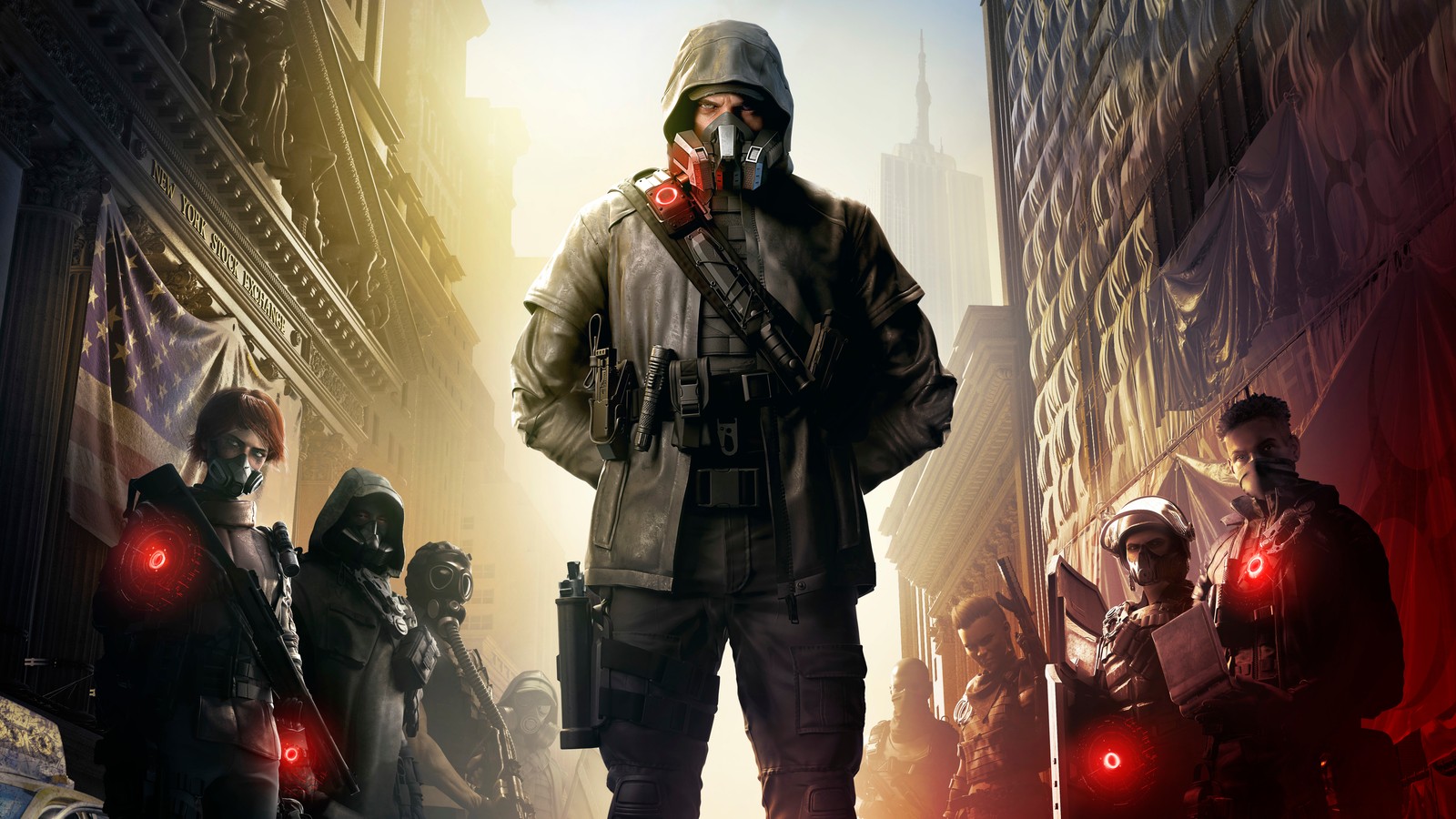 A group of people in gas masks standing in a city (tom clancys, the division 2, warlords of new york, video game, aaron keener)