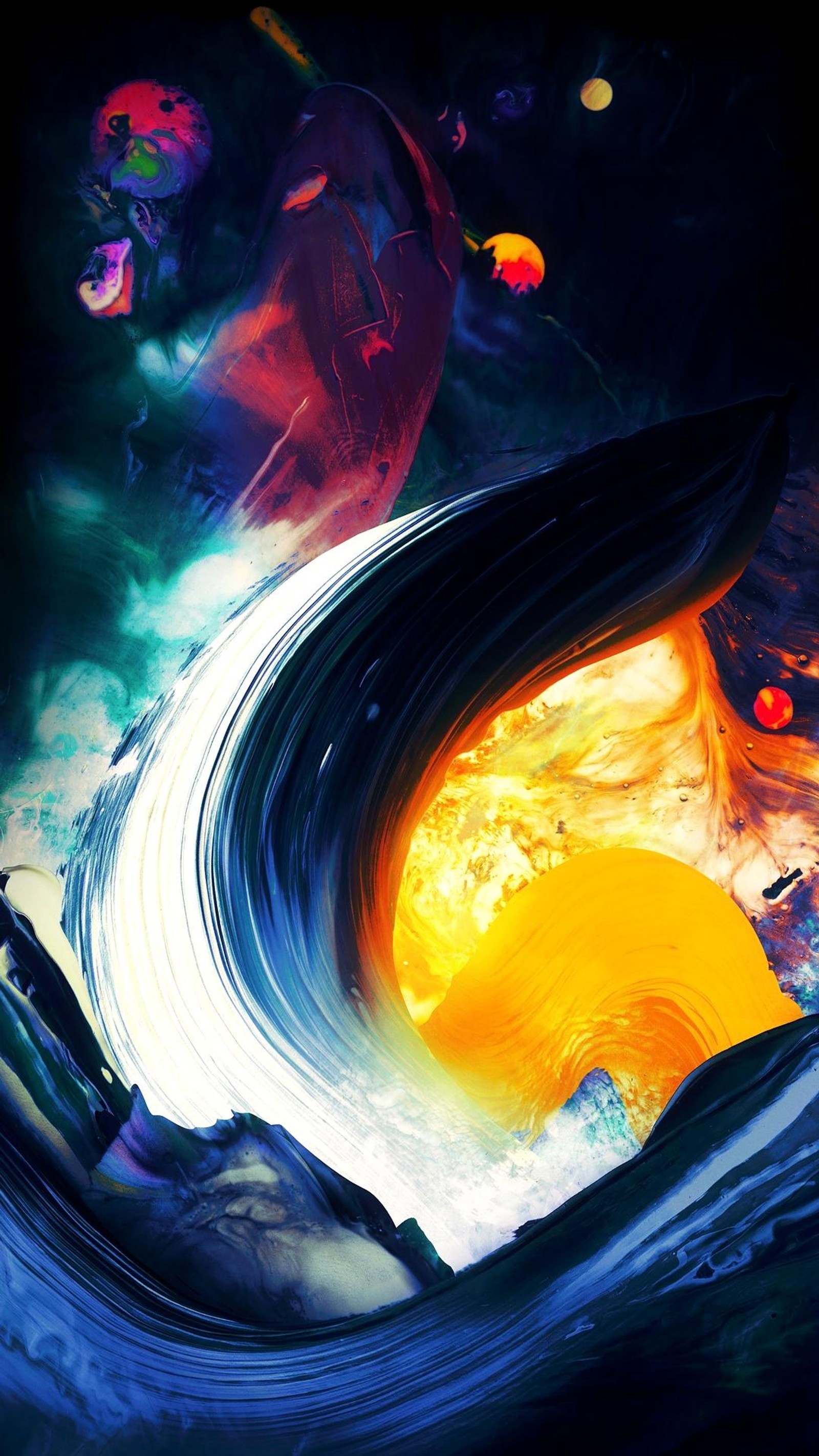 Painting of a swirling yellow and blue object with a black background (art, space, graphics, creative arts, earth)