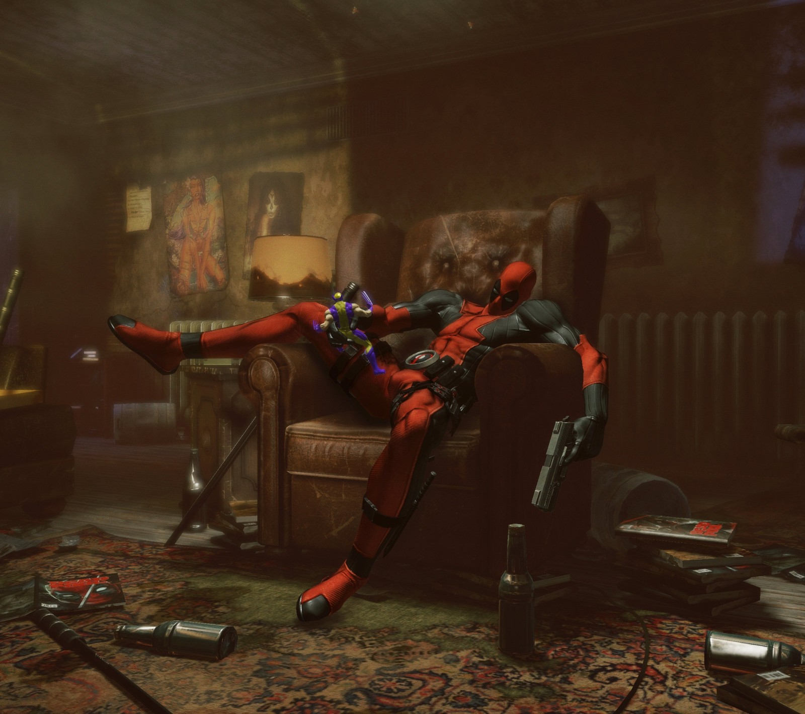 Deadpool assis sur une chaise avec une guitare et une télécommande (marvel, wolverine)