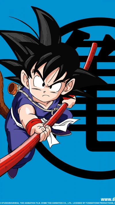 Goku en action avec son Bâton de Pouvoir, sur un fond bleu vibrant.