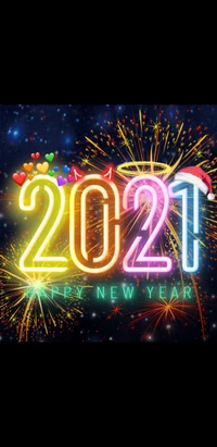 Colorful "2021" with festive decorations and fireworks, celebrating a joyful New Year.