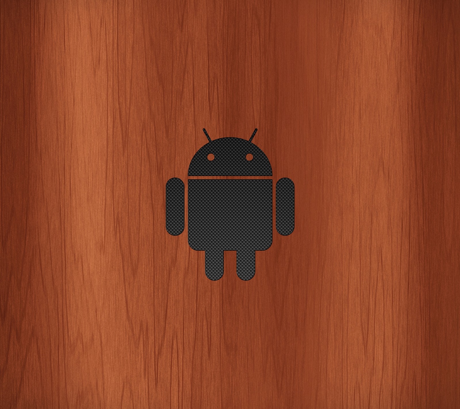 A close up of a wooden wall with a black android logo (android, carbon, fiber, logo, robot)