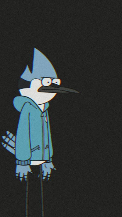 Mordecai de Regular Show en una pose contemplativa contra un fondo oscuro.