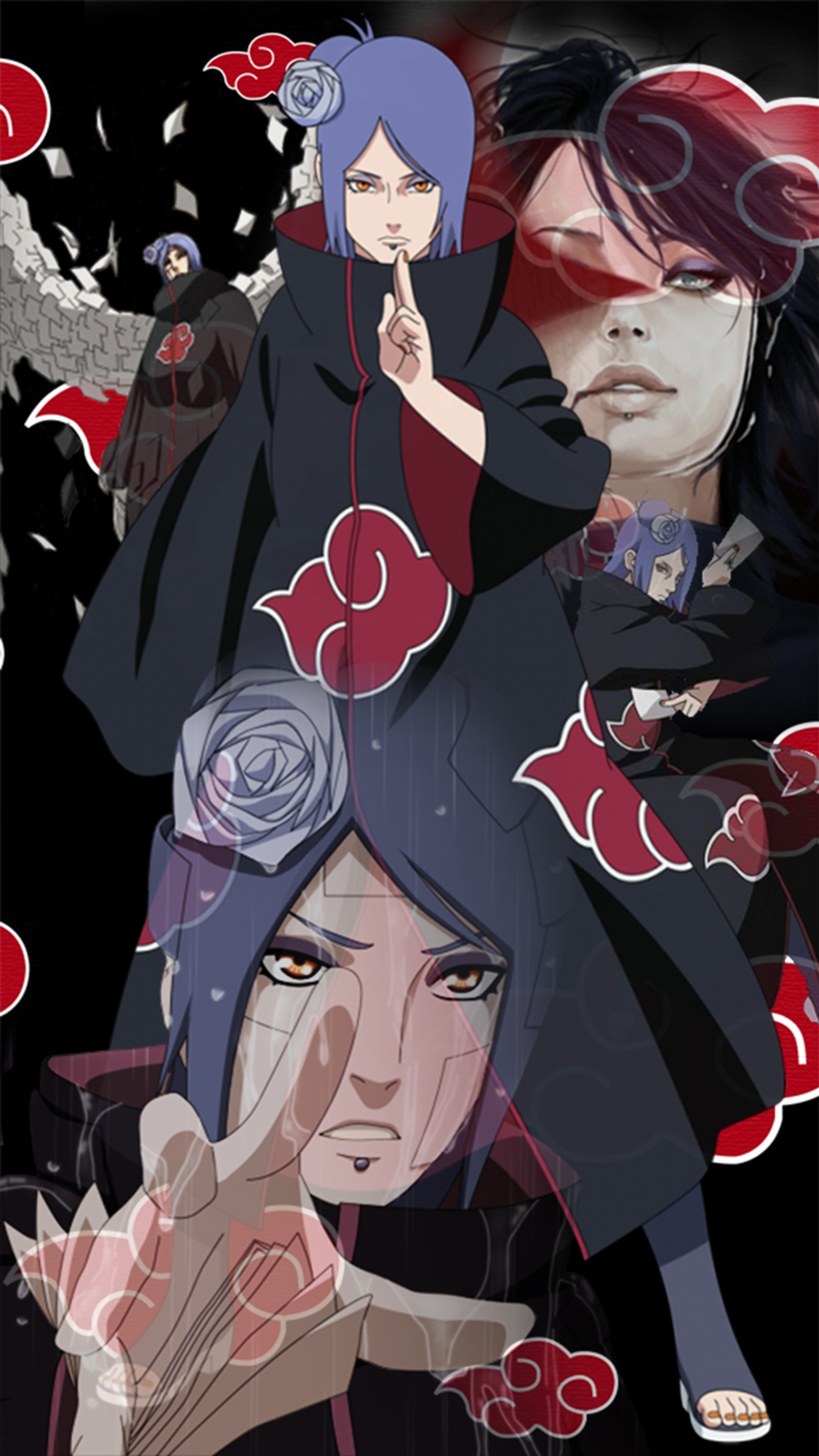 Personajes de anime con un fondo negro y rojo (akatsuki, konan, naruto, dolor, shippuden)