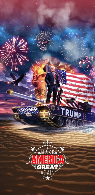 Trump on a tank, waving an American flag, surrounded by fireworks and an eagle, with "Make America Great Again" prominently displayed.