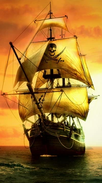 Navire pirate majestueux voguant vers le coucher de soleil