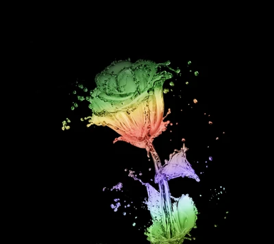 Colorful Rose in Vibrant Splashes Against a Dark Background