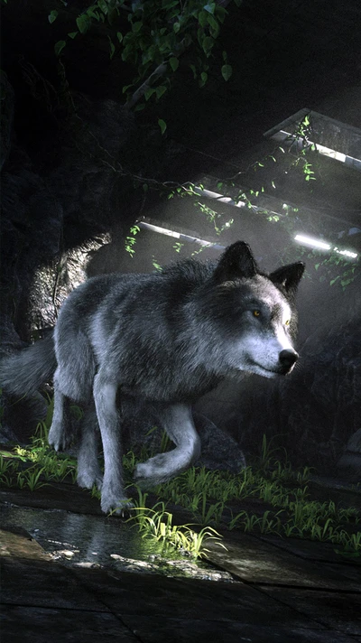 A solitary wolf navigating a shadowy landscape illuminated by beams of light.