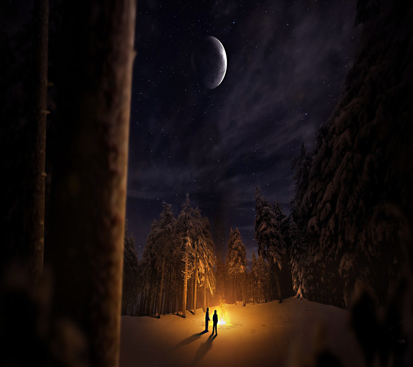 Photographie de nuit de deux personnes debout dans la neige sous la pleine lune (lumière, lune)