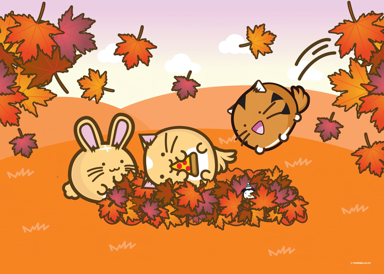 Un grupo de gatos y perros jugando en las hojas (pelotas de pelaje, otoño, dibujo animado kawaii, follaje de otoño, temporada de otoño)