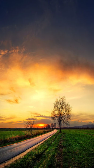 Ruhige lange Straße unter einem lebhaften Sonnenuntergang