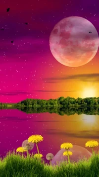 Moonlit Reflection Over Blossoming Landscape