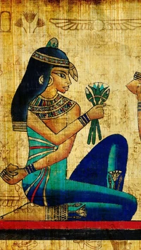 Femme égyptienne ancienne avec des fleurs sur papyrus