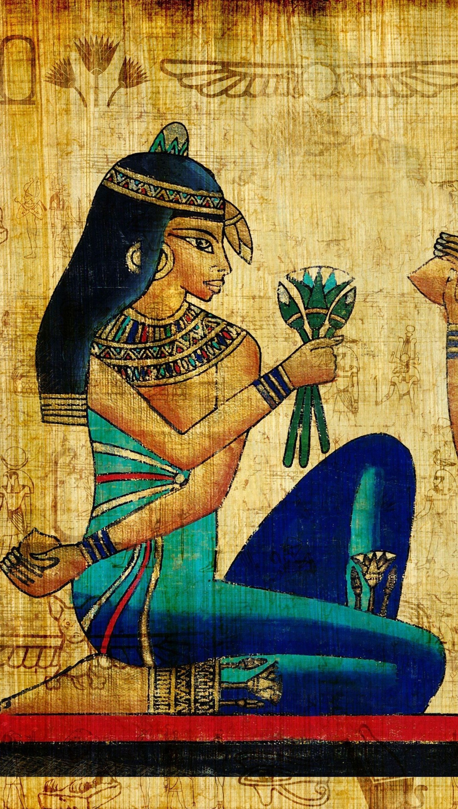 Painting of a woman kneeling on a rug holding a flower (egypt, history, painting, papyrus)