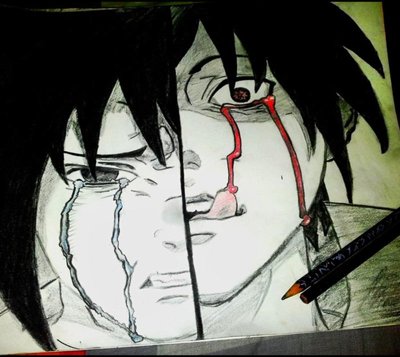 Рисунок мужчины с кровоточащим лицом и карандашом (naruto, саранг, saringan, саске, sasuke)