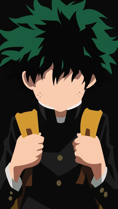 Deku aus Mein Held Academia mit einem entschlossenen Ausdruck, in Schuluniform und mit einem Rucksack.