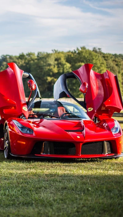 Ferrari LaFerrari com portas icônicas abertas em um cenário verde exuberante.