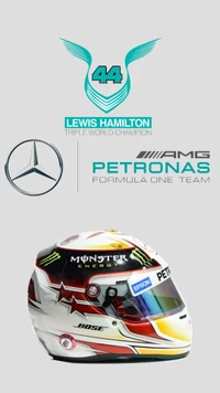 Lewis Hamilton's iconic helmet design, representing his achievements with Mercedes-AMG Petronas Formula One Team.