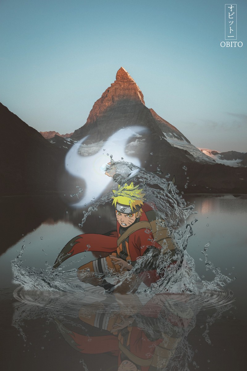 Personagem de anime em uma jaqueta vermelha surfando em uma prancha na água (anime, iphone, lago, manga, montanha)