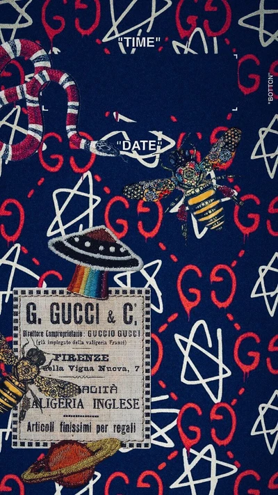 Arte inspirada na Gucci com insetos e elementos gráficos