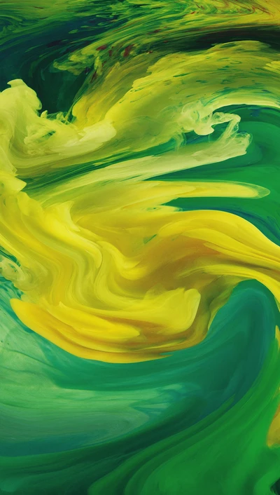 Colorful swirls of vibrant yellow and green fluid evoke the dynamic movement of splashing sea waves.