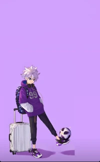 Killua Zoldyck in a sporty outfit with a suitcase and soccer ball against a purple background.